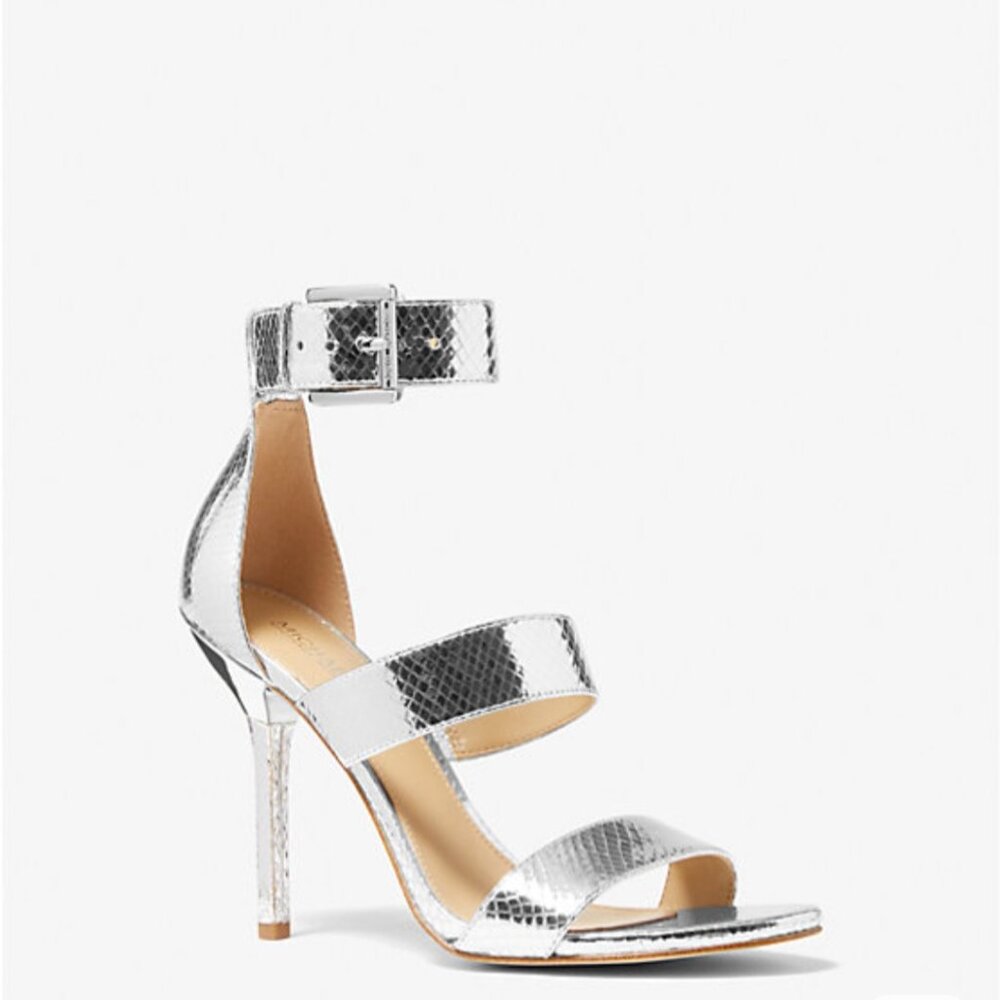 Michael Kors Amal Metallic Snake Embossed Leather Sandal. Size 8